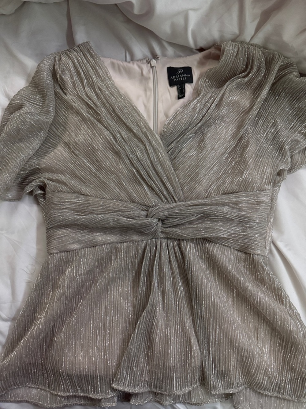 Adrianna Papell Silver Metallic Knot-Front Peplum Top